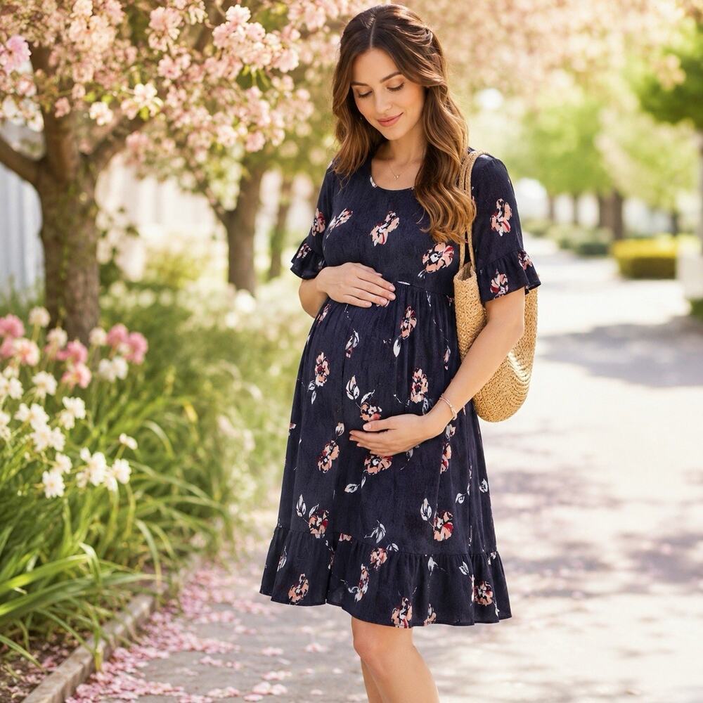Isabel Maternity Dress Navy Floral Babydoll Ruffle Boho Pregnancy Dress Size S